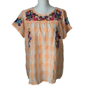 See and Be Seen Colorful Embroidered Orange Gingham Mexican Oaxaca Blouse NWT